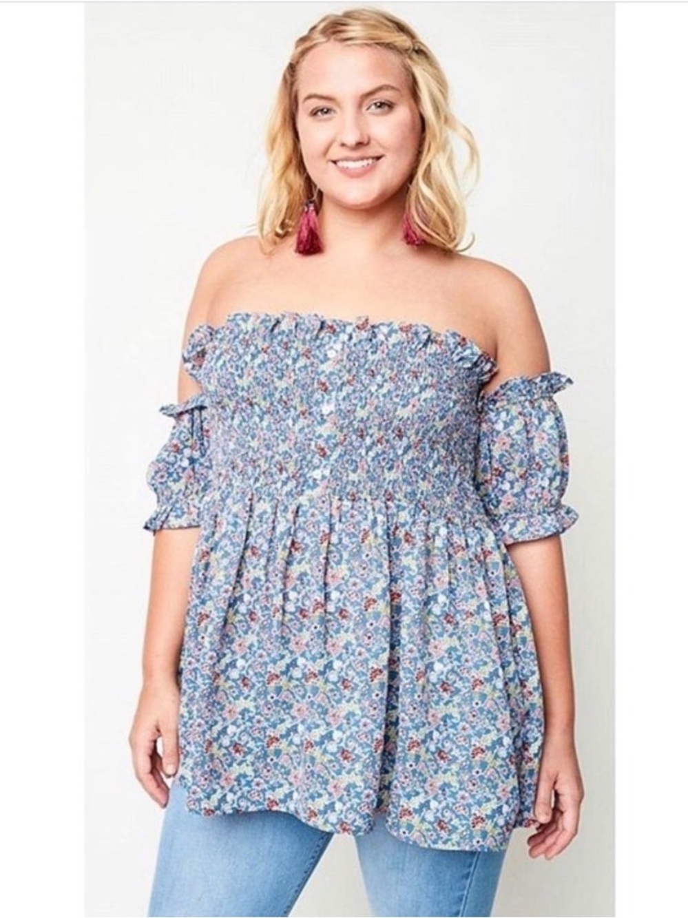 Plus Size Smocked Off-Shoulder Floral Tunic Top - Blue